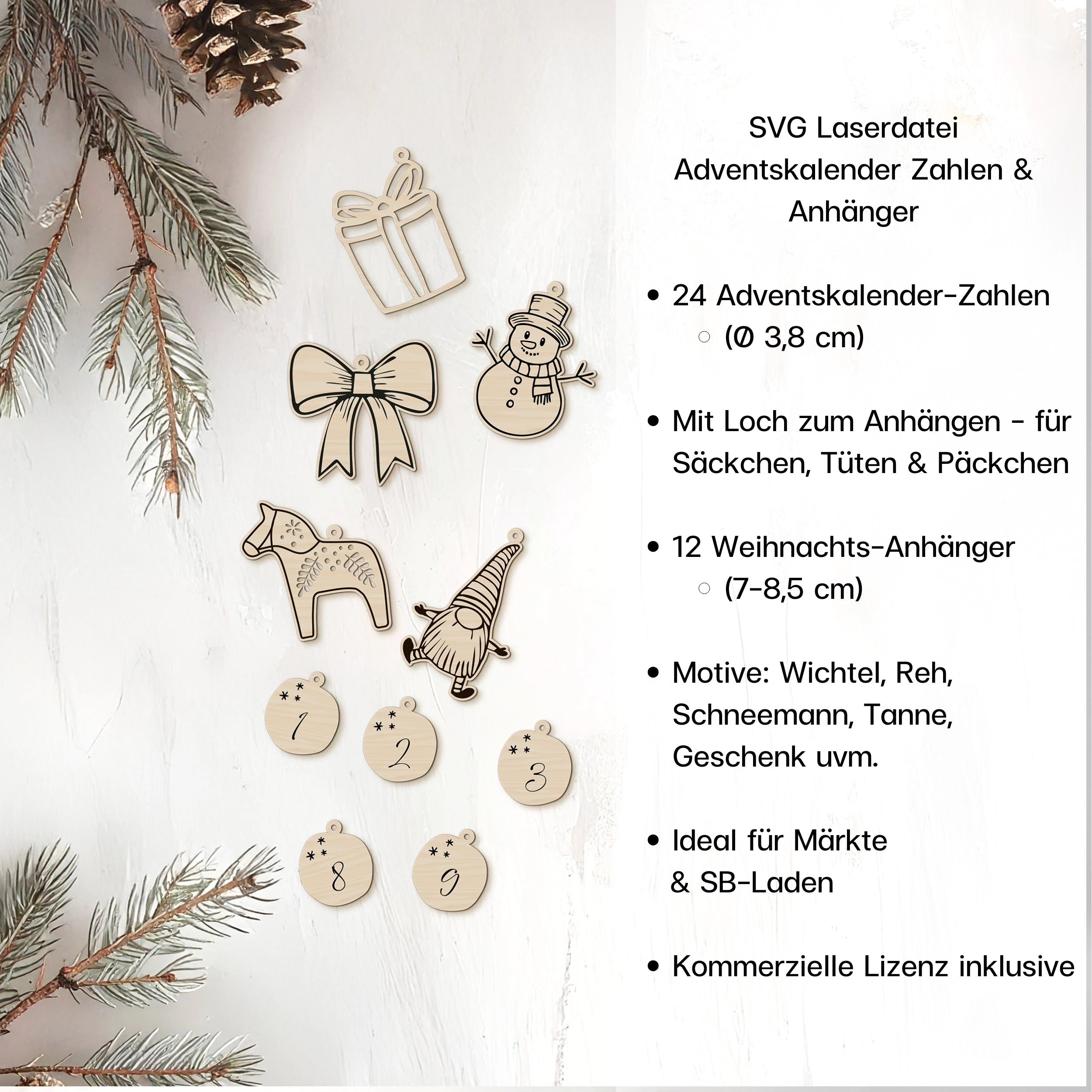 Adventskalender Zahlen mit Schneeflocken Lochmotiv aus Holz