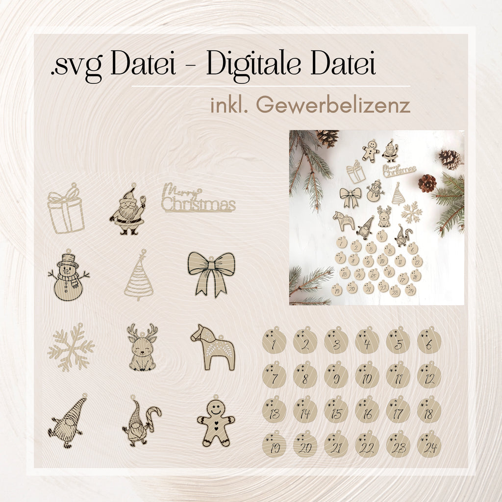 12 Weihnachtsanhänger für DIY Adventskalender