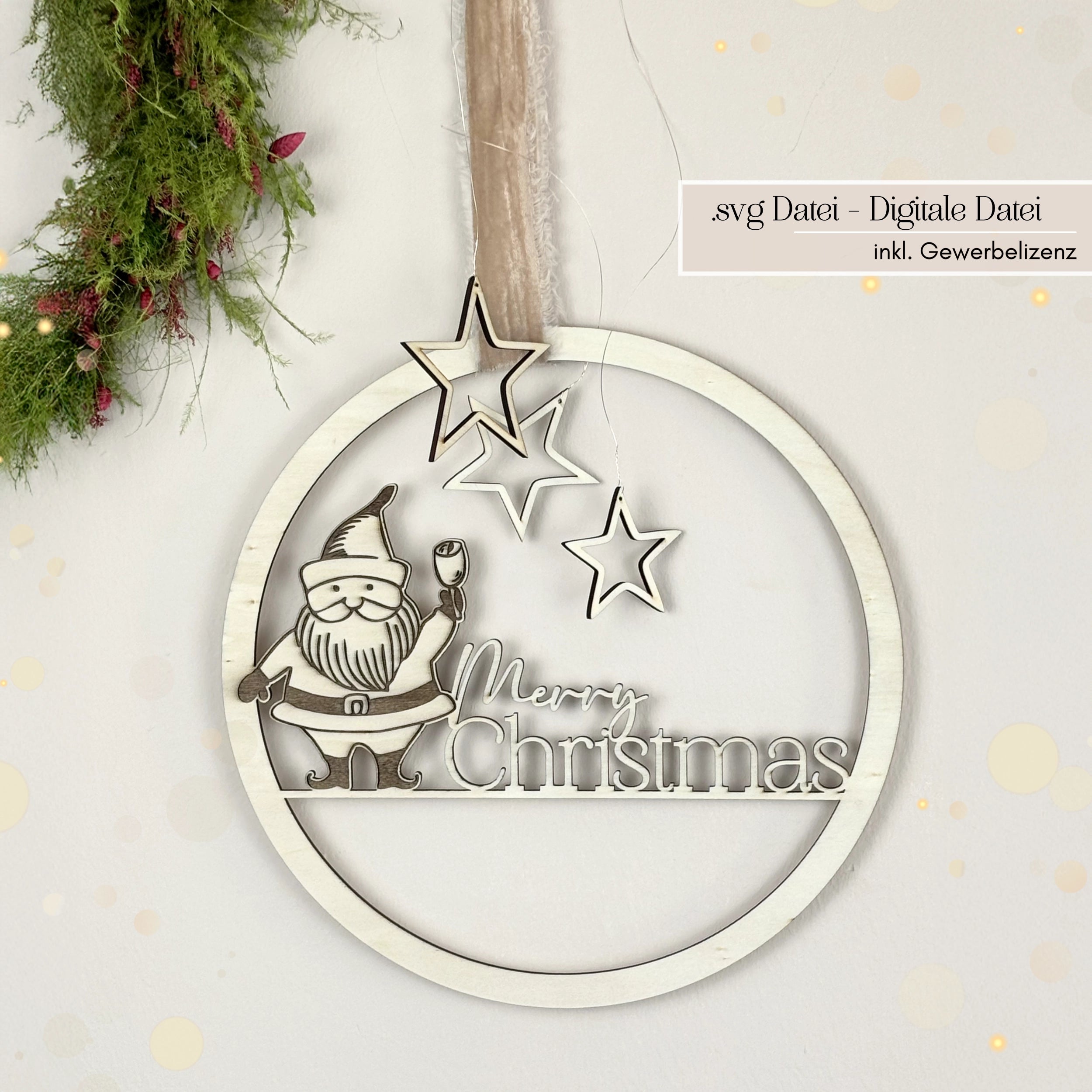 gravierter Weihnachtsmann Kranz mit Sterne Laserdatei