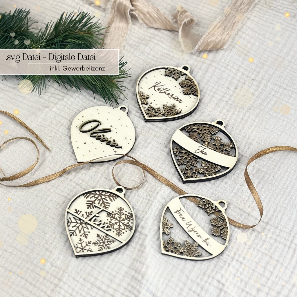 Personalisierte Holz-Weihnachtskugel Laserdatei mit Schneeflocken