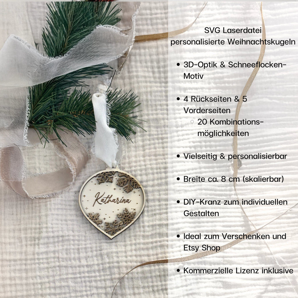 3D-Weihnachtskugel mit aufgeklebtem Namen und Schneeflocken-Design