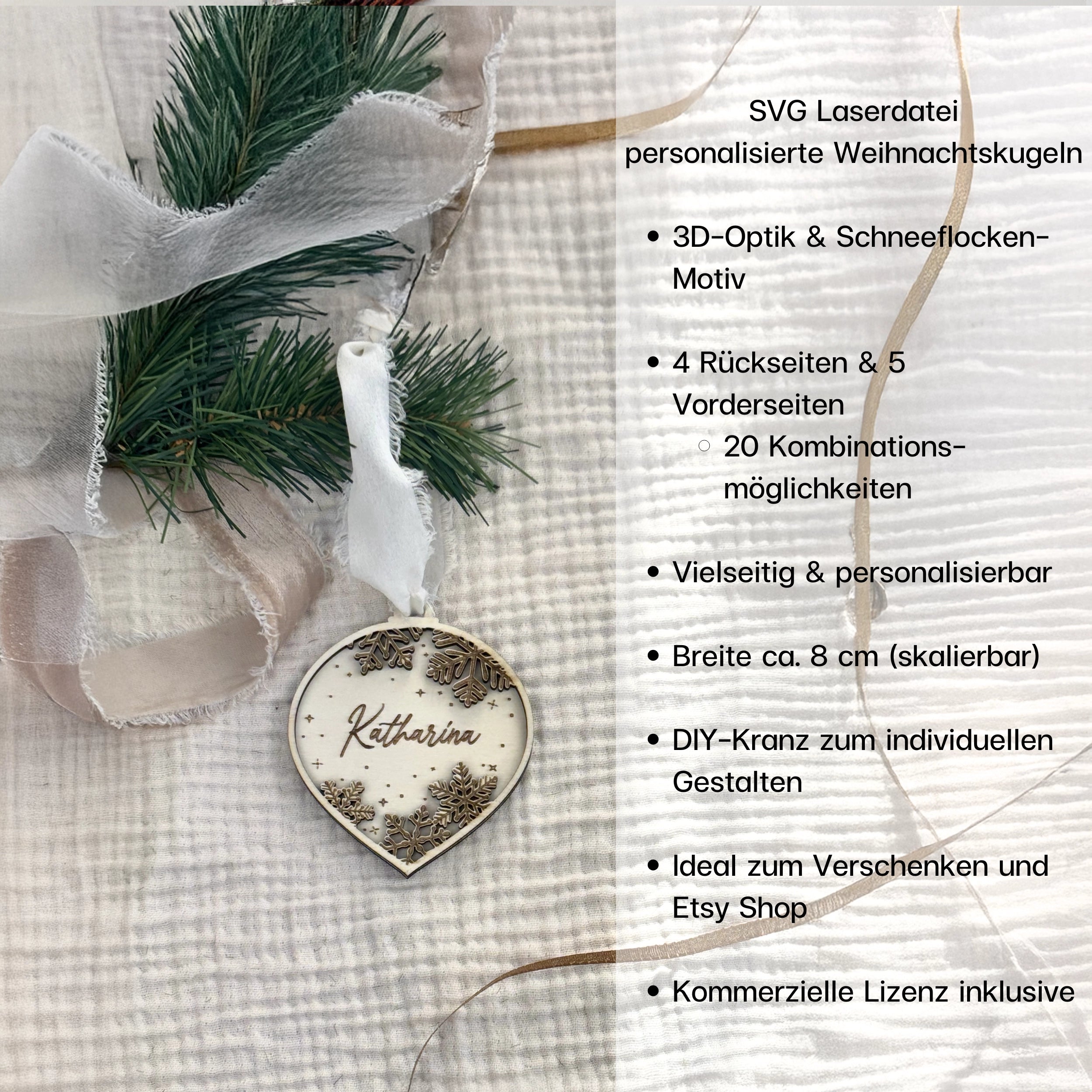 3D-Weihnachtskugel mit aufgeklebtem Namen und Schneeflocken-Design