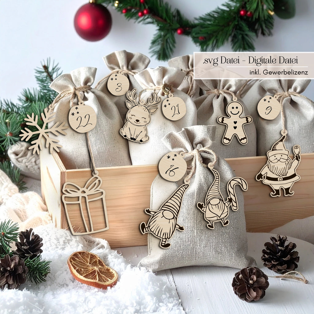 Vorschau Laserdatei Adventskalender Zahlen & Anhänger SVG